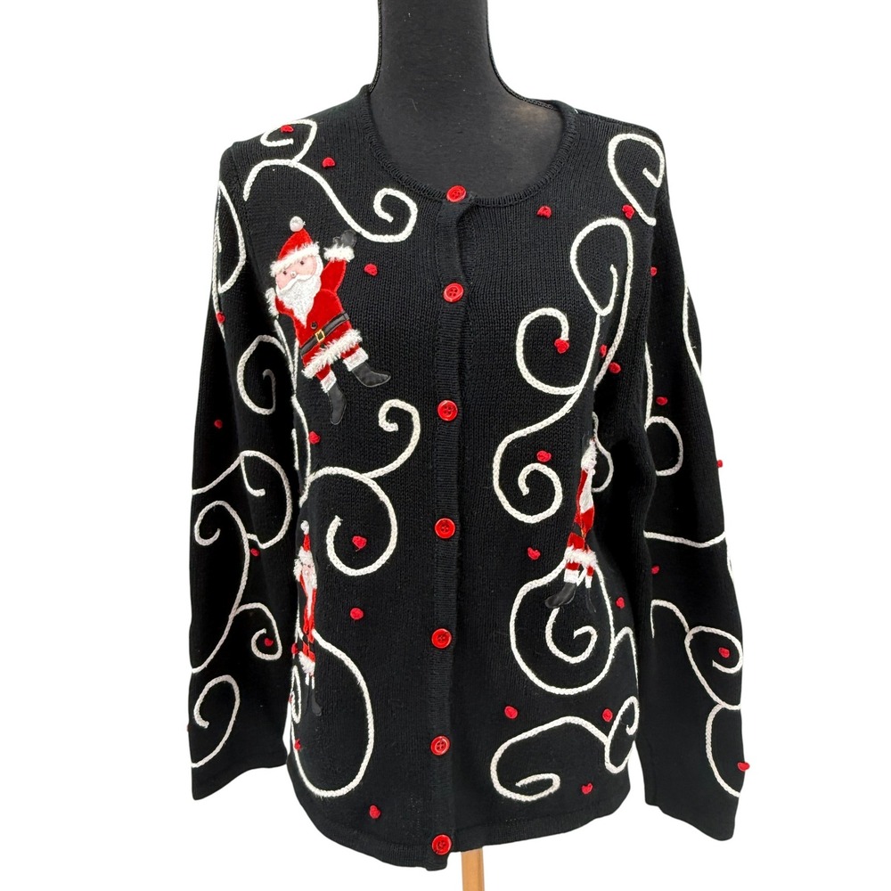Cinnamon Cider Women's Black Sweater Christmas Santa‎ Clause Cardigan Size L